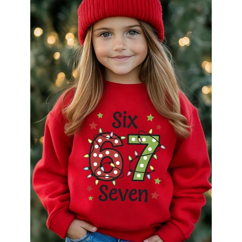 Christmas Birthday Kids Sweatshirt Over 4Y Unisex Boys Girls SIX SEVEN Xmas Light Polka Dot Number 67 Star Graphic Pullover For 4-12 Children