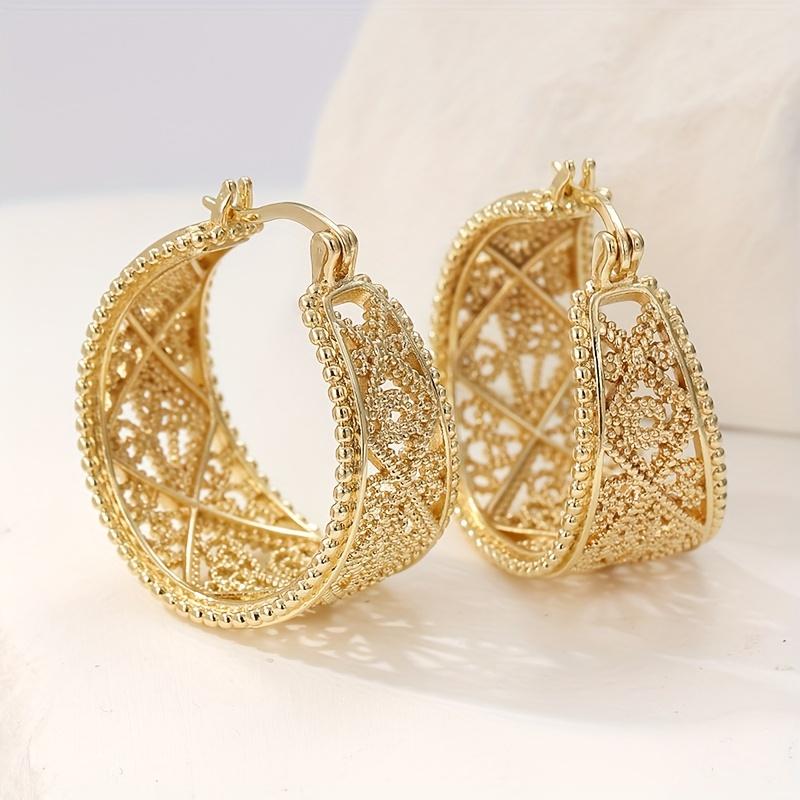 

Classic Gold Color Copper Dangle Women s Earrings Geometry Hollow Hand Carving Pattern Earrings Woman Trendy Zircon