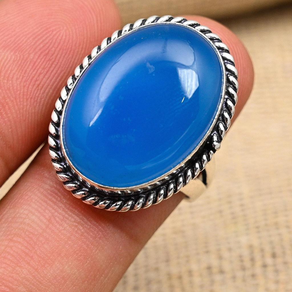 Blue Chalcedony Gemstone Handmade 925 Sterling Silver Ring Jewelry