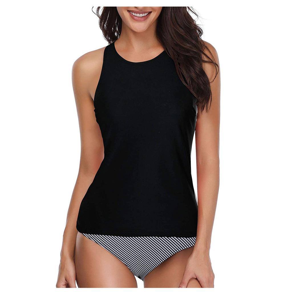 Women’s Tankini Swimsuit Set High Neck Sleeveless Top with Striped Bikini Bottom Two Piece Swimwear for Beach Pool