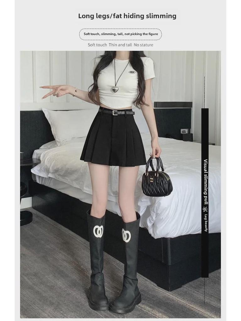 2024 Women's Summer High-Waisted Gray A-Line Skort: Slim, Loose, Pleated Shorts Skirt, Wide-Leg Design