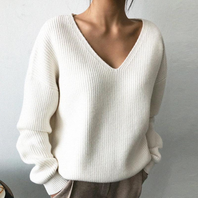 Harajuku Solid Irregular V-neck Soft Sweater Autumn Winter Casual Oversized Knitted Sweaters Tops for Women Bottoming Pullover