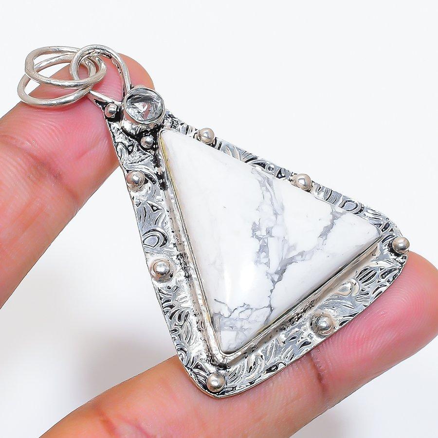 Natural Howlite Jasper, Topaz 925 Sterling Silver Jewelry Pendant 2.44" ZS-35