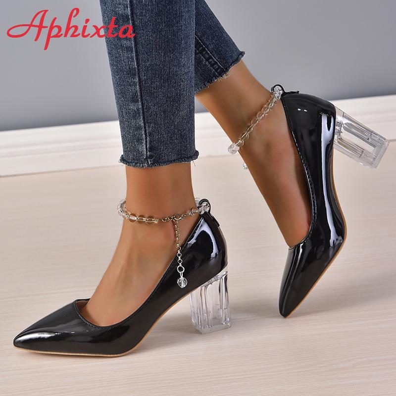 

Мода Aphixta 2025 Новые Роскошные Прозрачные Туфли-лодочки на массивном каблуке 7 см с прозрачной цепочкой из бусин, Женская обувь, Туфли-лодочки с острым носком и цепочкой из бусин 37 (23.5cm) чёрный