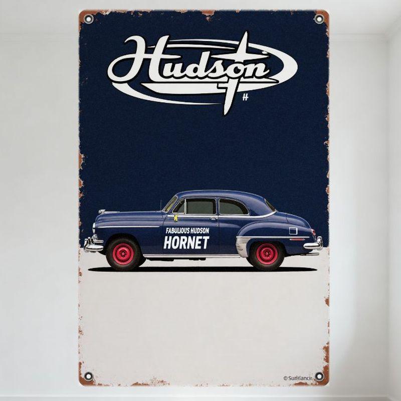 Vintage Hudson Hornet Car Metal Tin Sign with Rusty Border, Retro American Automotive Design for Home Bar Man Cave Decor