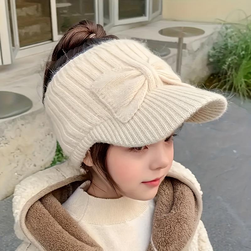 

Вязаная шапка-бини для девочек-подростков, мягкая теплая зимняя шапка с отверстием для хвостика и декоративным узлом в виде банта, легкая, свободная шапка с козырьком бежевый