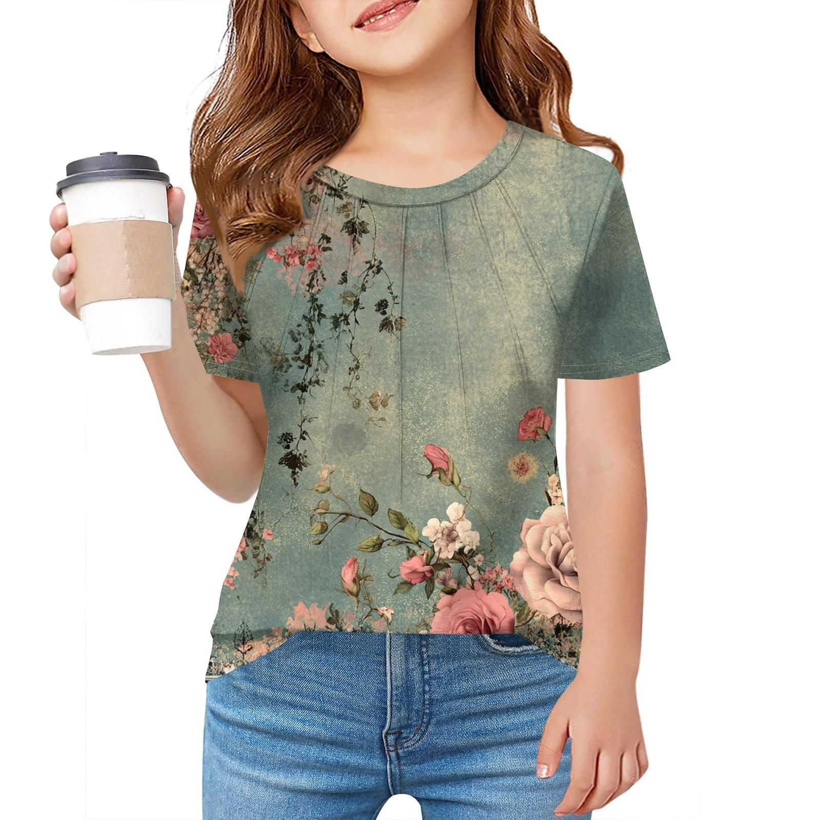 

Детская футболка Fold A для девочек, летняя модная куртка с круглым воротником и цветочным принтом с короткими рукавами 150