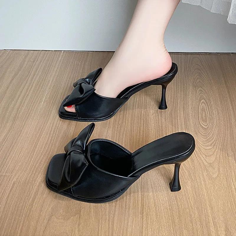 Sommer Damen Hohe Absätze Mode Quadratische Zehenpartie Design Slingback Sandalen Elegante Schleife Stiletto Hausschuhe für Damen Partykleider Schuhe