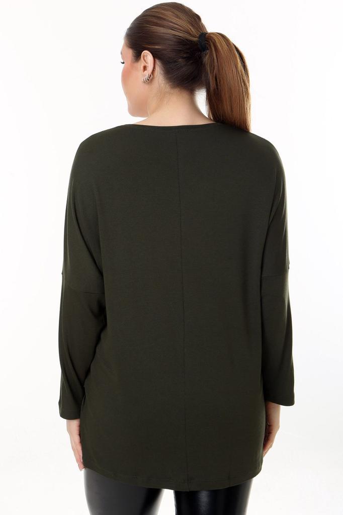 Damen-Bluse in großen Größen, V-Ausschnitt, Tasche und Ärmel, Mesh-Detail, Steinstickerei, lange Ärmel, bequeme und fließende, flexible Bluse