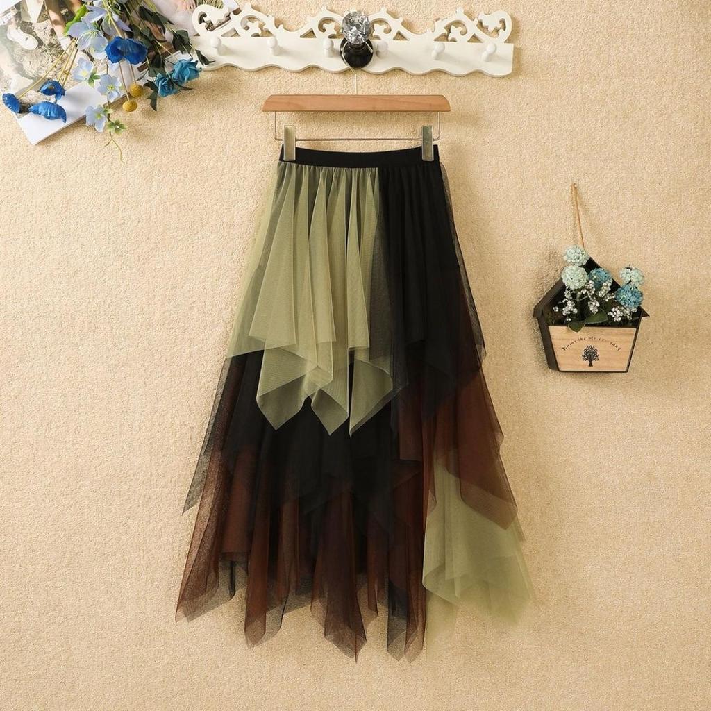 Women's Irregular Mesh Midi Skirt, High,waisted Versatile Half Skirt