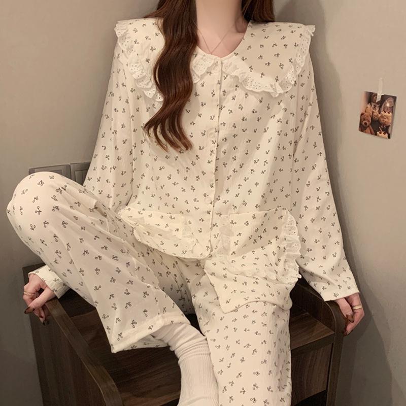 Pigiama in Cotone a Nuvole Pois - Set da Donna a Manica Lunga con Collo da Bambola per Primavera e Autunno