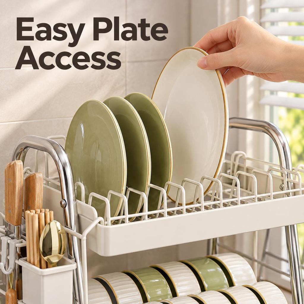 Dish Drying Rack, White 2-Tier Stainless Steel Countertop Organizer with Drip Tray and Utensil Holder