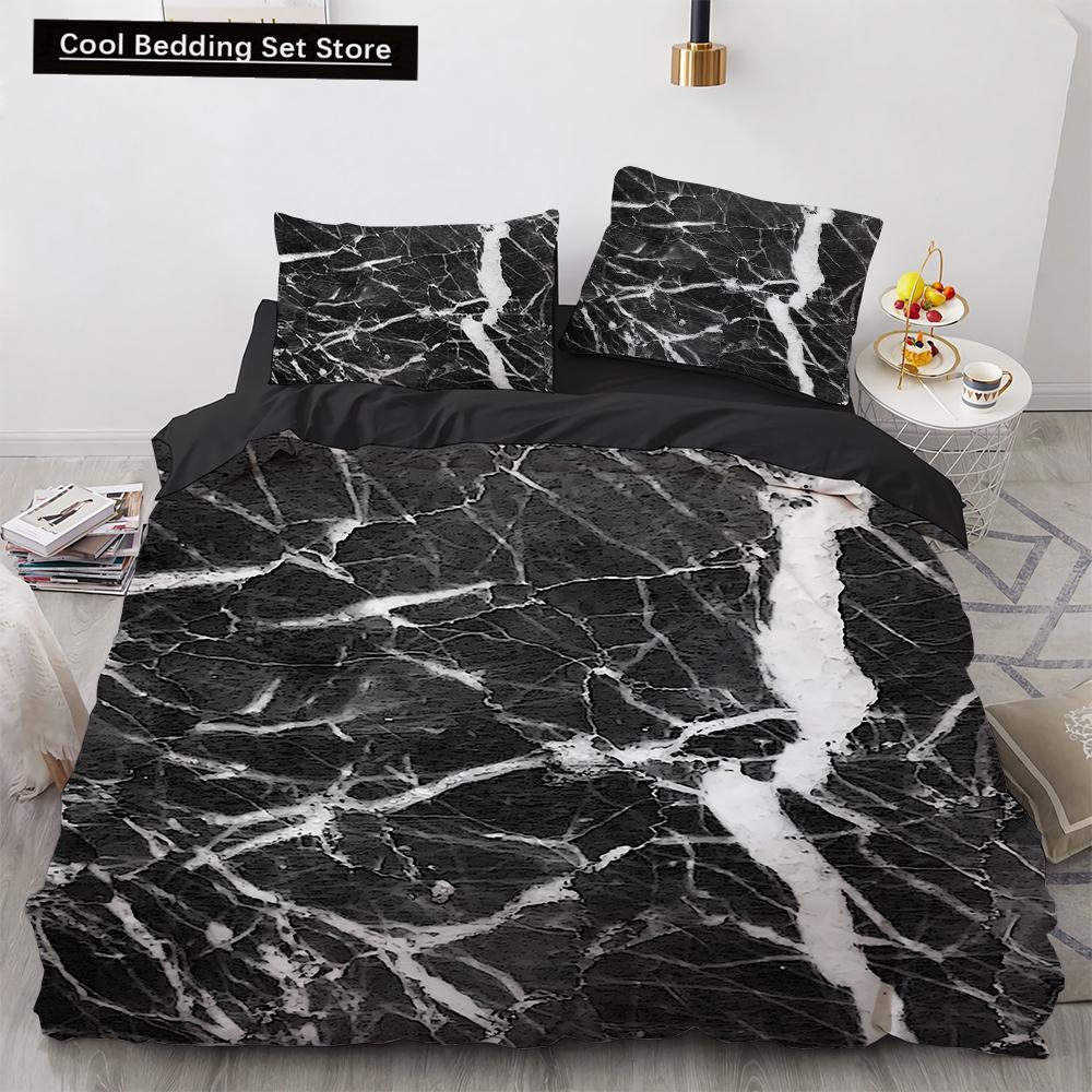 Marble King Queen Duvet Cover Cool Black and White Texture Pattern Bedding Set for Teens Adults 2/3pcs Polyester Quilt Cover