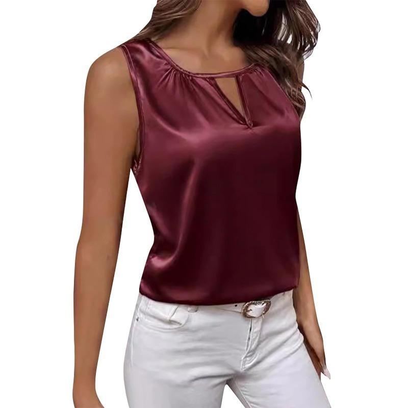 Moteabelt design for kvinner Sexy sateng plissert T-skjorte Sateng vest Hul ermeløs topp