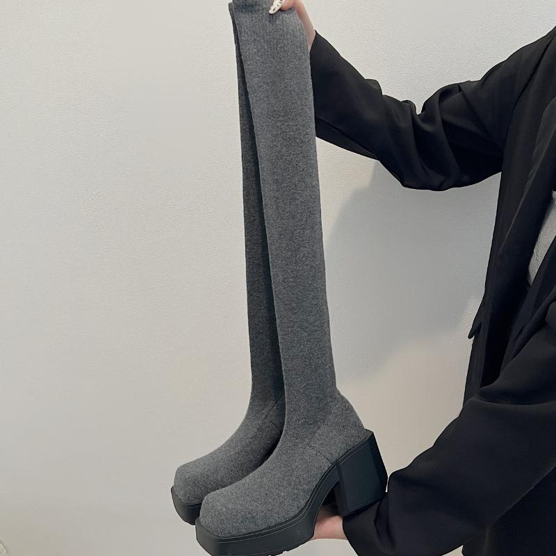 Women's Elastic Socks Boots Long Tube Over Knee Thick Heel Slimming Knit Socks Shoes New 2026 Autumn Platform Botas Mujer
