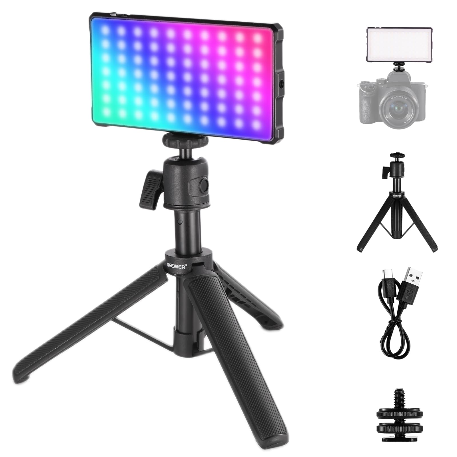 

NEEWER SL90C RGB Video Light 8W Dimmable Full Color 2700K-7500K 984 Lux CRI97 Portable LED Panel with Tripod Stand 18 Scene Effects 4000mAh Battery