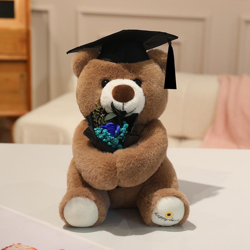 Adorable Dr Little Bear Plush Toys Delicate Handmade Holding Flower Little Bear Doll Cute Graduation Party Decor Nice Gift