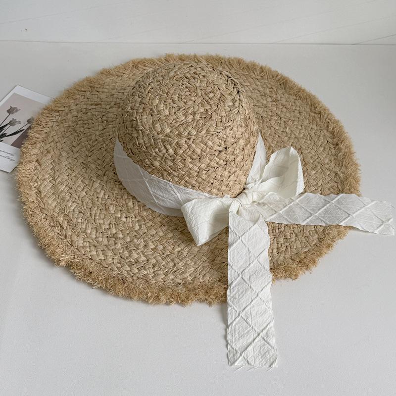 Summer French Breasted Raffia Straw Hat Women's Big Hat Brim Sun Protection Hat Beach Beach Bow Knit Hat