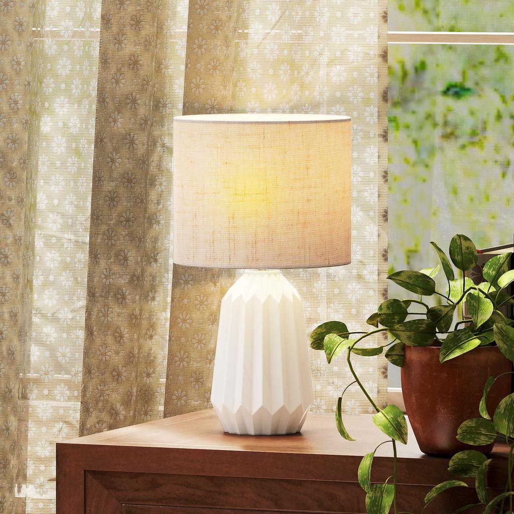 Table Lamp, Ceramic Base, Linen Shade, Switch, E27 Socket, White and Beige