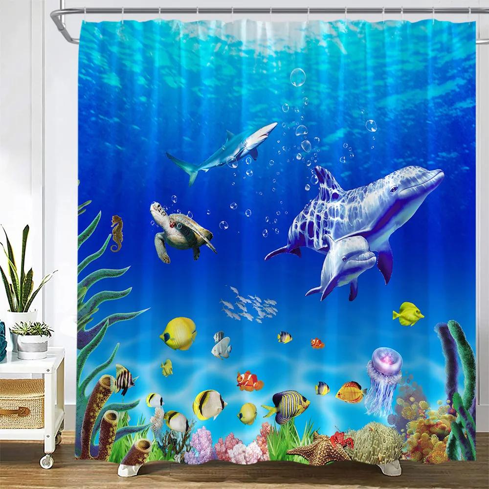 Octopus Sea Turtle Shower Curtain Watercolor Animal Dolphin Tropical Fish Coral Underwater Landscape Curtains Bathroom Decor Set