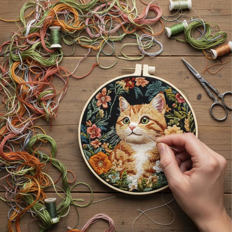 2 X Cats Embroidery Kit With Hoop [M-Ohaft4]