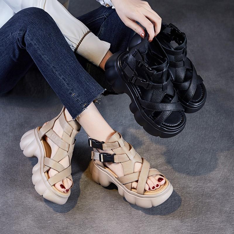 Johnature Natūralios odos sandalai storais padais, aukštinantys, storakulniai, romaniško stiliaus platforminiai moteriški batai