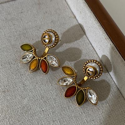 Old Flower Leaf French Retro Atmosphere High-End Diamond-Encrusted Rear-Hanging Pearl Stud