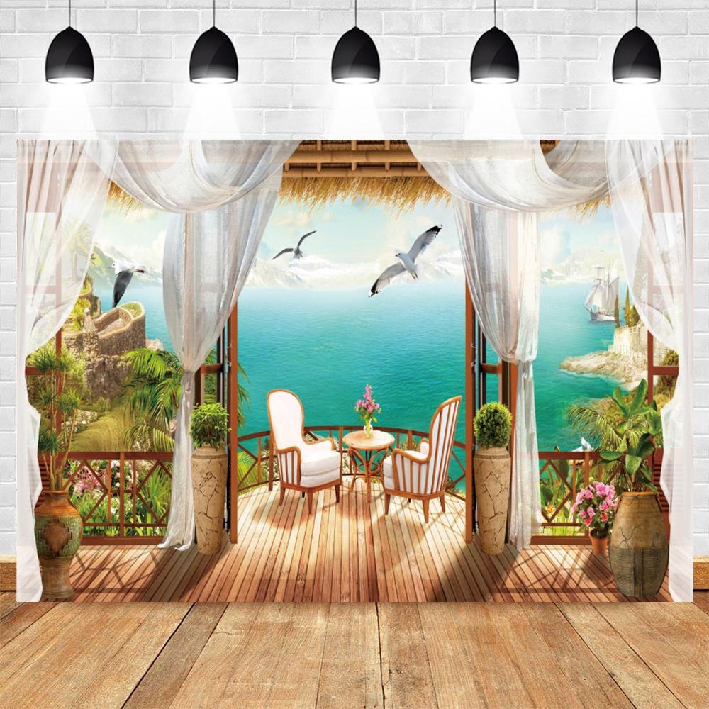 Summer Seaside Tropical Beach Balcony View Backdrop Palm Trees Mountain Wedding Party Portrait Photography Background Photo Prop