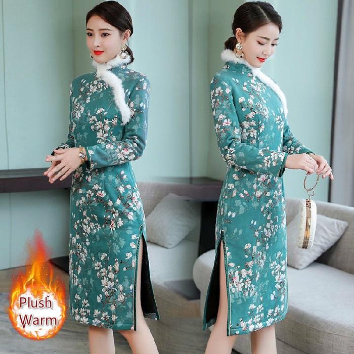 Cheongsam de Haute Qualité Robe Chinoise Vintage Robe à Manches Longues Robe Féminine Qipao Robe Slim Fourreau Hanches P