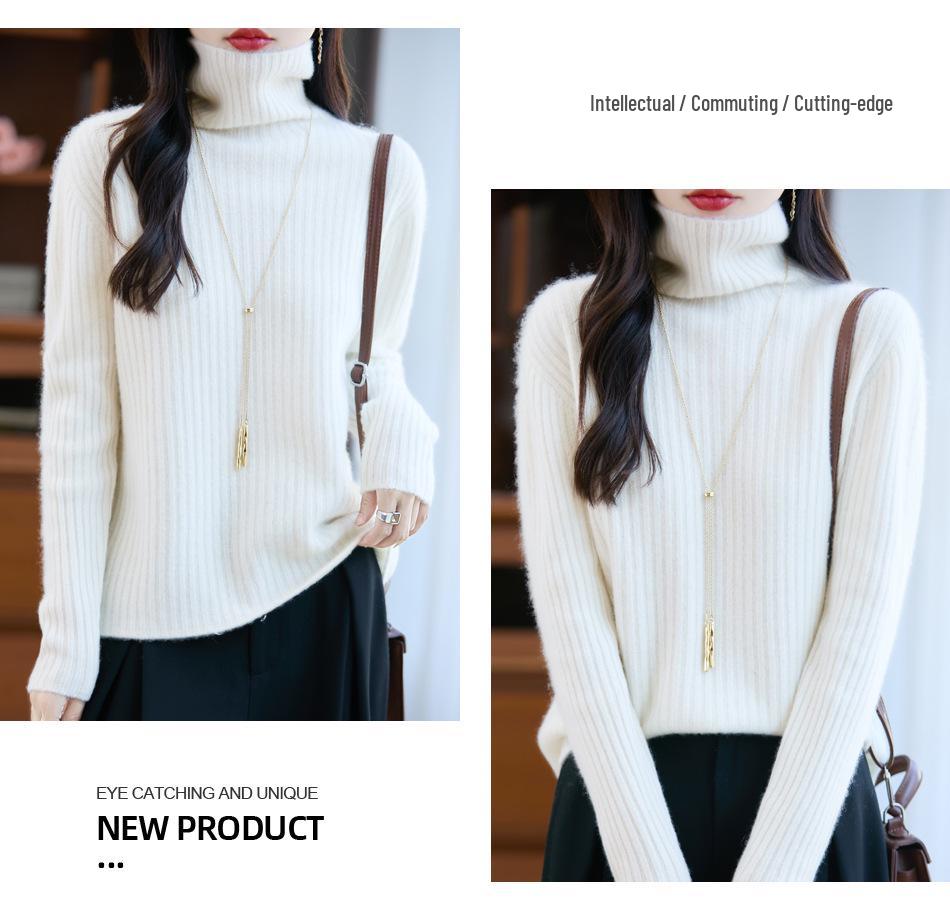 Women's Pure Wool High Neck Ribbed Sweater - Autumn/Winter Versatile Knitwear