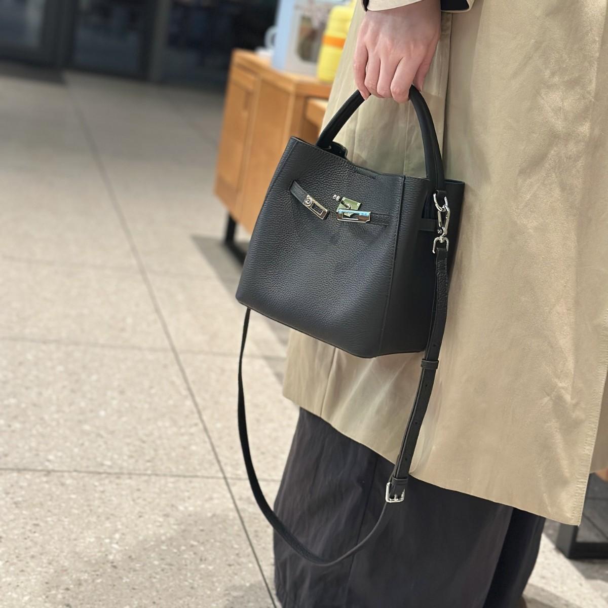 

New Genuine Leather Basket Bucket Bag for Women Top Layer Cowhide Versatile Shoulder Handbag 19*20*13cm