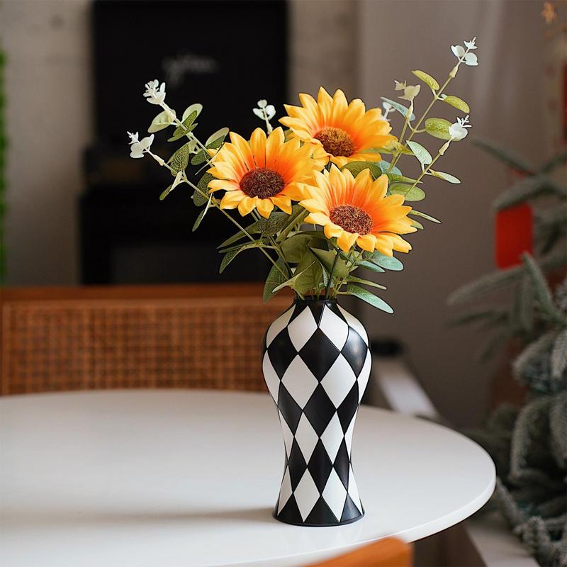 Black And White Vase Aesthetic Vase Checkered Resin Craft Flower Container Waterproof Decorative For Room Table Centerpieces