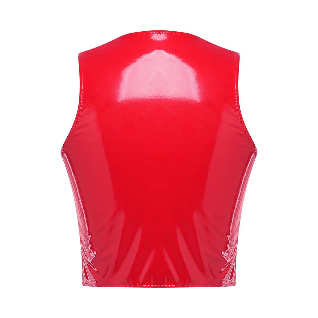 Ladies Glossy PU Leather Crop Top S-3XL Front Double Zippers Sleeveless Slim Tank Top for Club Rave Party Nightwear