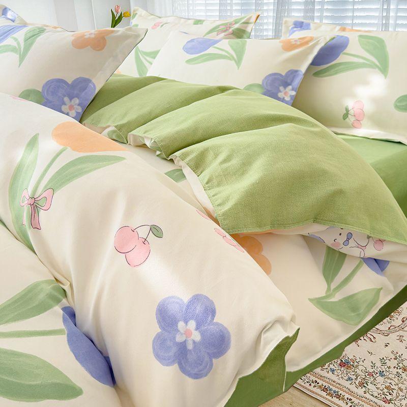 Simple Class A Washed Cotton Four-piece Bedding Set Princess Style Printed Quilt Cover Dormitory Bed Sheet Three-piece Quilt Cover