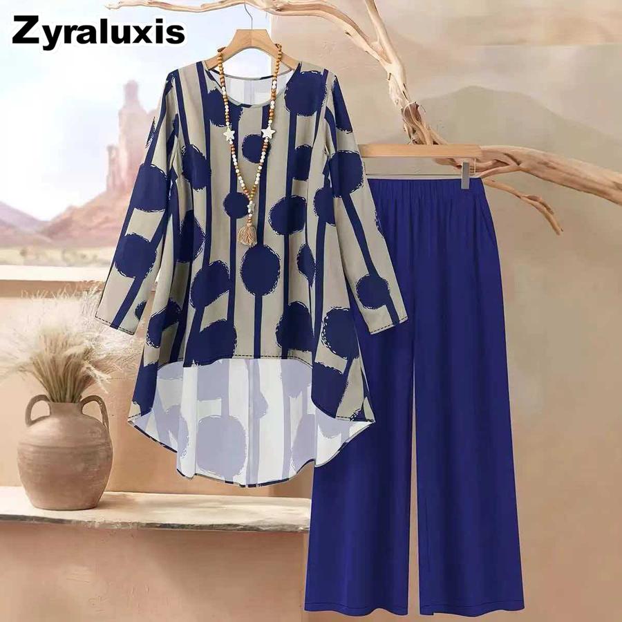 Windy Weather Fashion Loose Pointed Floral Collar Shirt Wide Leg Pants Set Polka Dot Printed