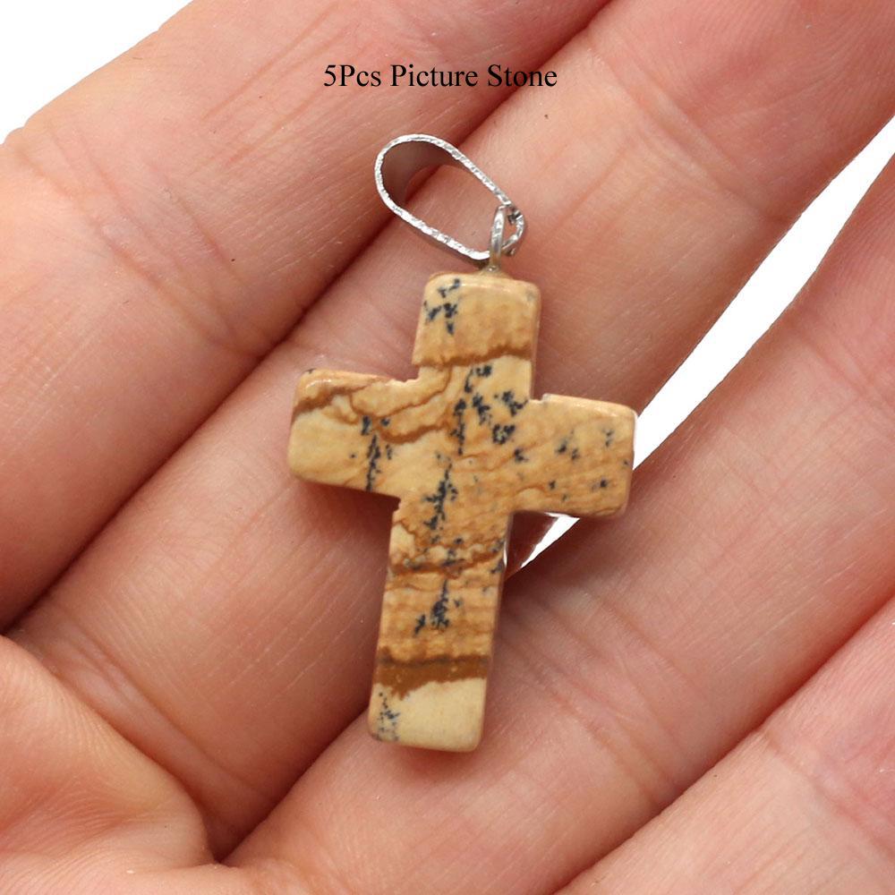 5Pcs Natural Stone Quartz Pendants Exquisite Cross-shaped Semi-precious Charms for Jewelry Making DIY Necklace Accessory Easter Gifts