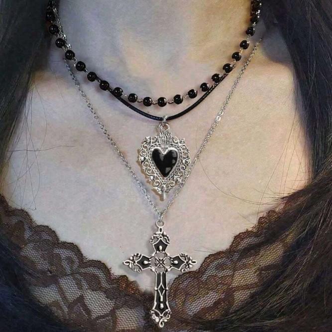 Gothic Vintage Heart Pearl Cross Pendant Necklace With Alloy Chain For Women