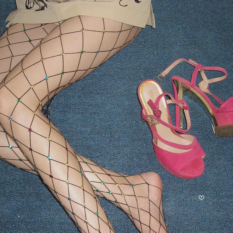 Colorful Star Diamonds Fishing Net Stockings Sexy Women Hot Drill Tights Fashion Point Pantyhose Thin Tights for Female Party One Size