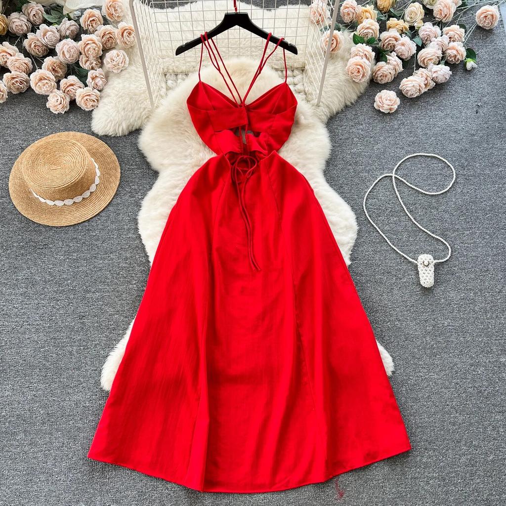 Design Hollow-out Wrap-around Hanging Neck Dress Scheming Strap Slim Fit Long Over-the-Knee Split Vacation Suspender Dress