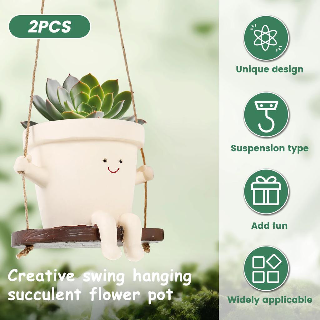 2Pcs Cute Hanging Swing Pot Decorative Hanging Swing Planter Portable Resin Head Planter Charming Swing for Gardens