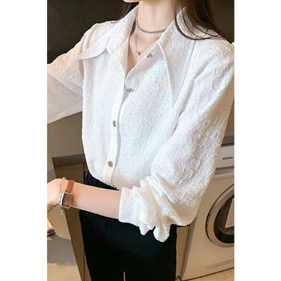 Women's White Textured Shirt Oversized Collar Long-Sleeve Elegant Casual Blouse