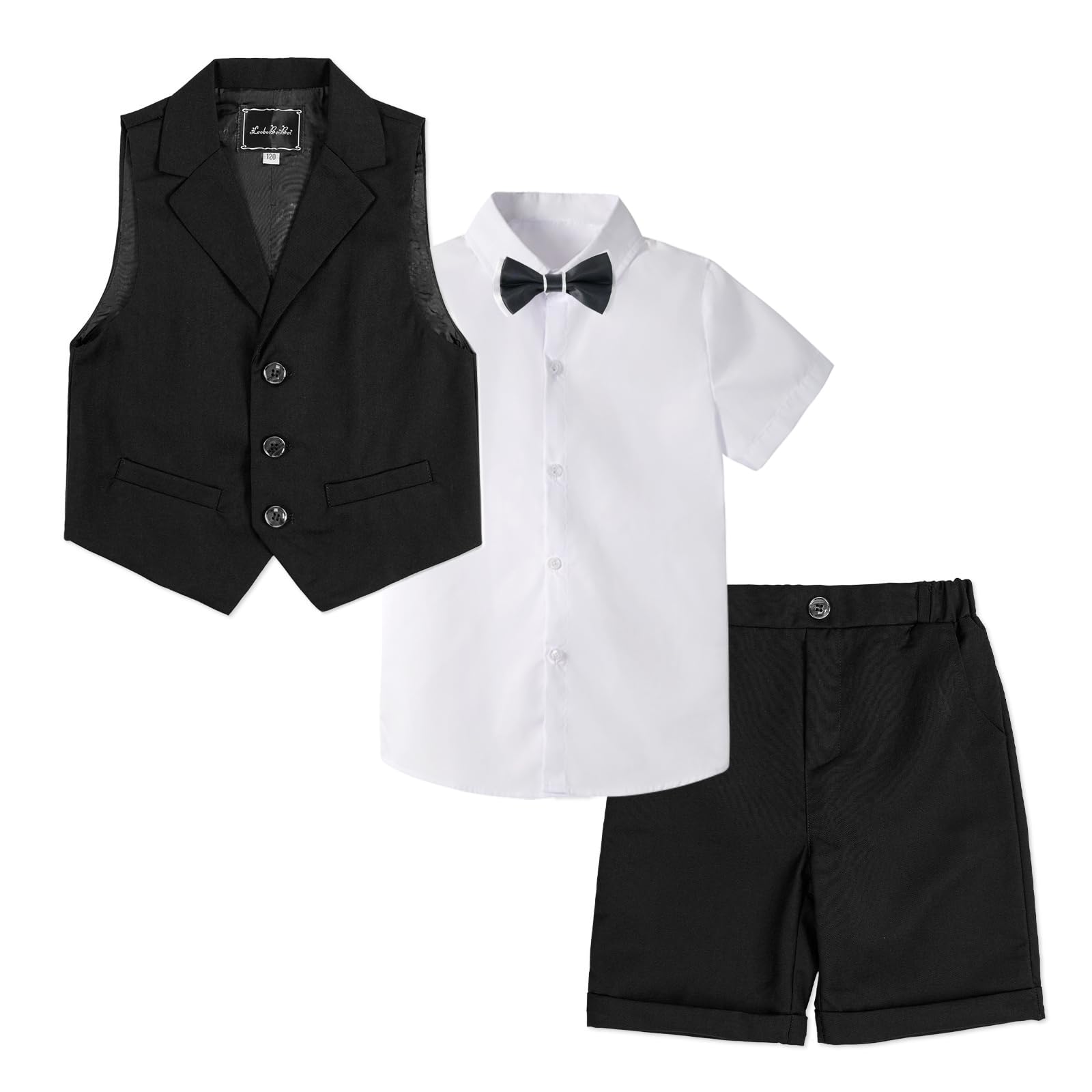 

LOLANTA Boys Formal Suit, Short Sleeve, Summer Clothes, 4-Piece Set, Includes Short Sleeve Dress Shirt, Shorts, Vest, and Bow Tie, Perfect for Weddin