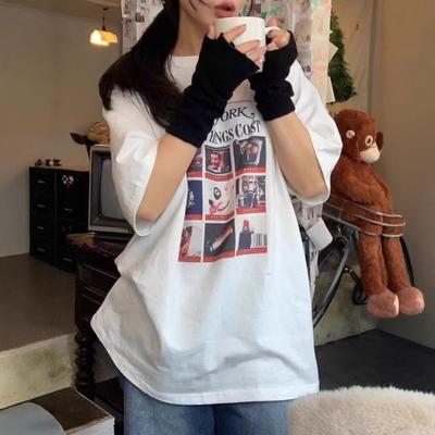 T-shirt da donna retrò a girocollo con stampa di lettere a cartoni animati, design con senso di ampio, casual, a maniche corte