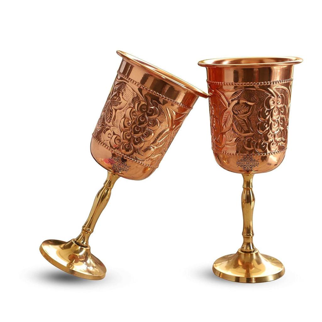 Pure Copper Wine Glass with Grape Vines Embossed Design & Brass Bottom, Serving Drinking Wine Cocktail Bar Hotel Restaurant, Volume-300 ML Pack of - 2