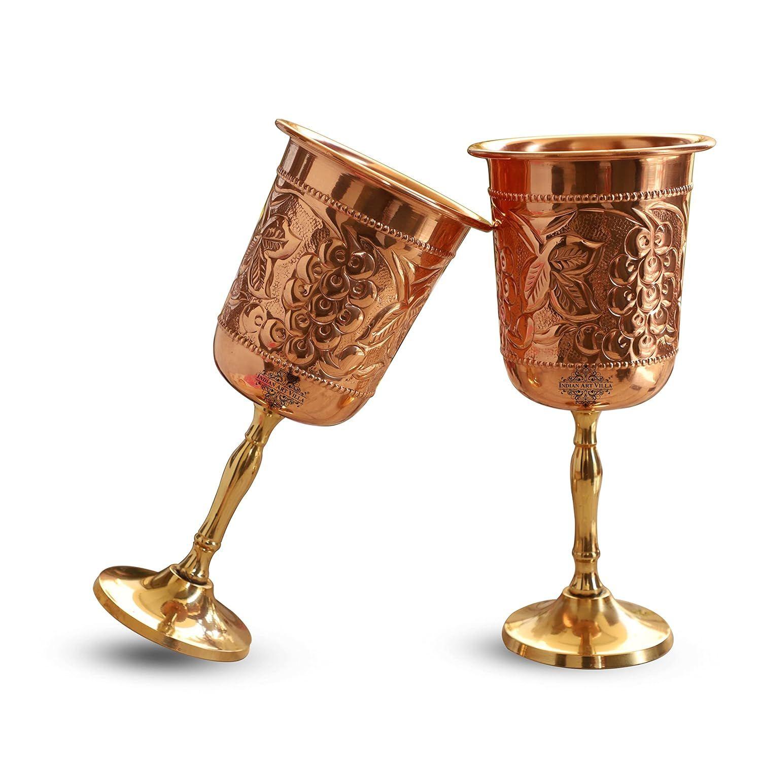 

Бокал для вина из чистой меди с тисненым дизайном виноградной лозы и латунным дном, для сервировки, для питья вина, коктейлей, для бара, отеля, ресторана, объем - 300 мл, упаковка - 2 шт.