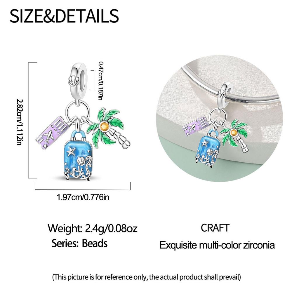 S925 Silver Summer Travel Cocktail Charm Pendant Handmade DIY Beaded Jewelry Accessories