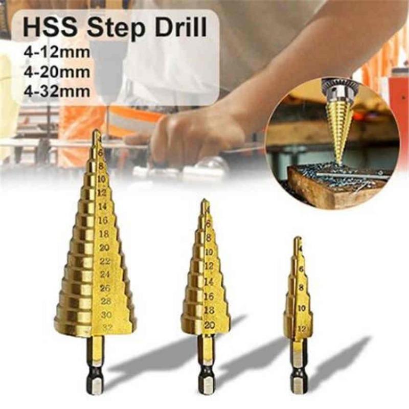3Pcs Cloth Bag 3-12 4 -12 4-20MM HSS Straight Fluted Pagoda Step Drill Hex Shank Reamer Bit Set Titanium Coated Wood Metal Hole