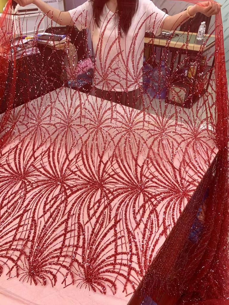 Red African Groom Lace Fabric 5 Yards Latest Nigerian Laces Fabric 2025 High Quality Lace Sequins Embroidered French For Dresses