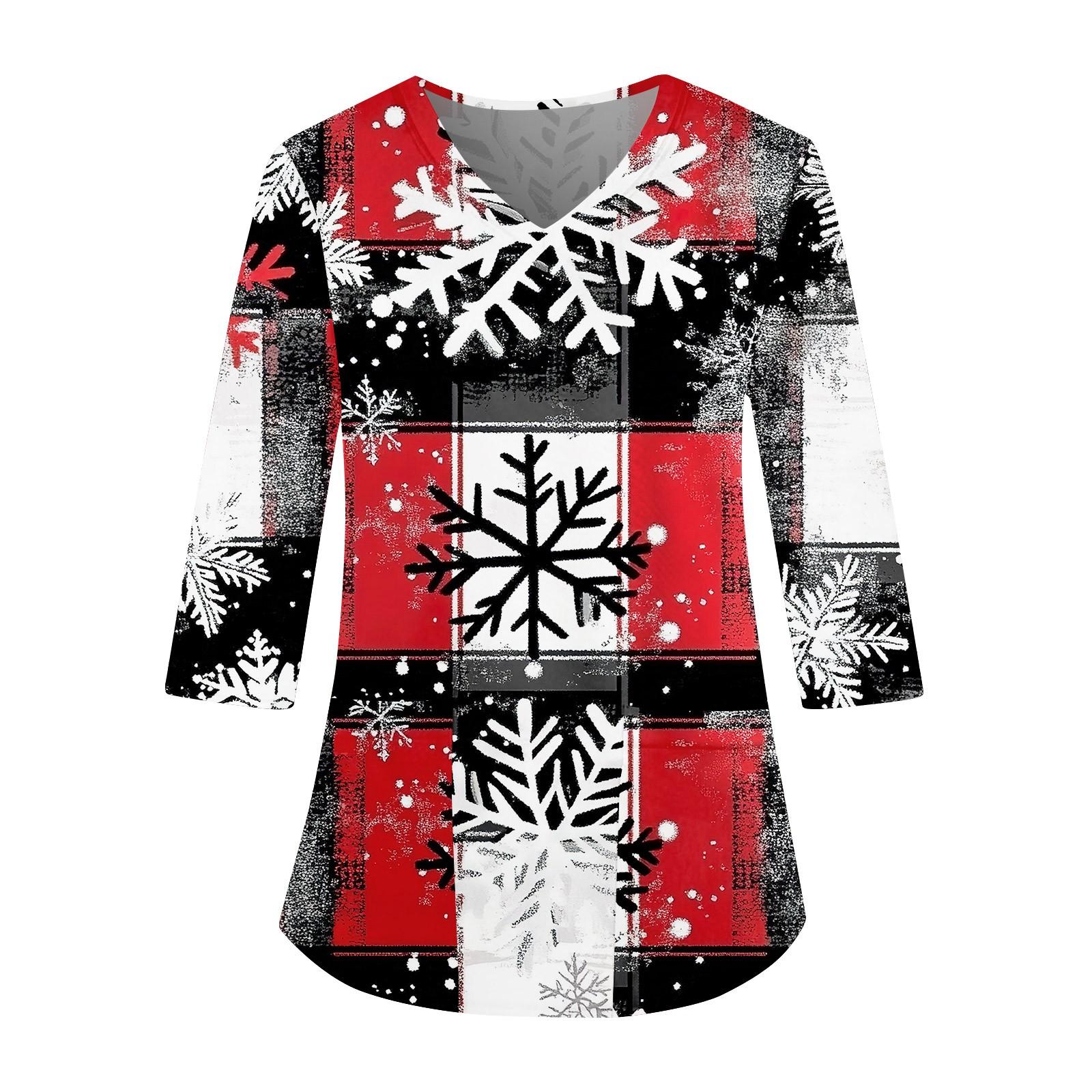 

Женский свободный рабочий топ с V-образным вырезом и карманом, рождественским принтом и рукавом три четверти XXXXXL