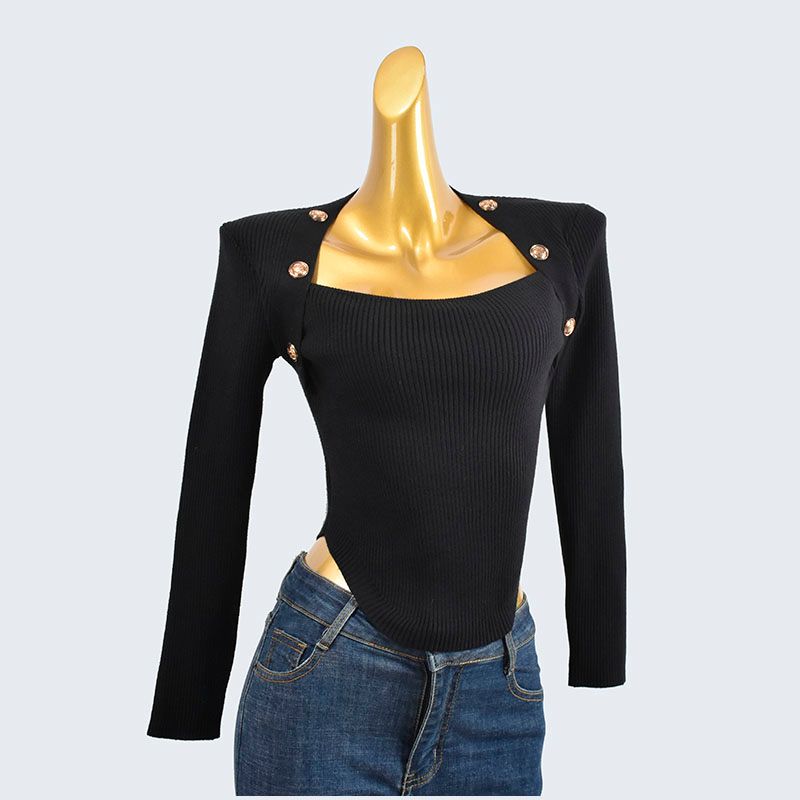 Autumn and Winter Thick Round Neck Short Long-Sleeved Knitting Sweater Sunken Stripe Stretch Pullover Pure Color Bottoming Shirt Women's Clothing